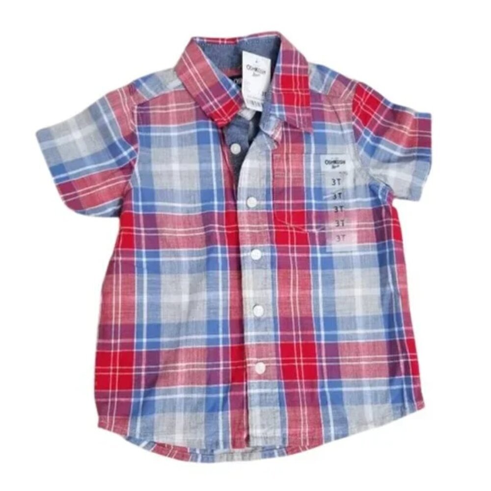 🔴 Nwt Oshkosh little boy size 3T checkered button down top (E11)